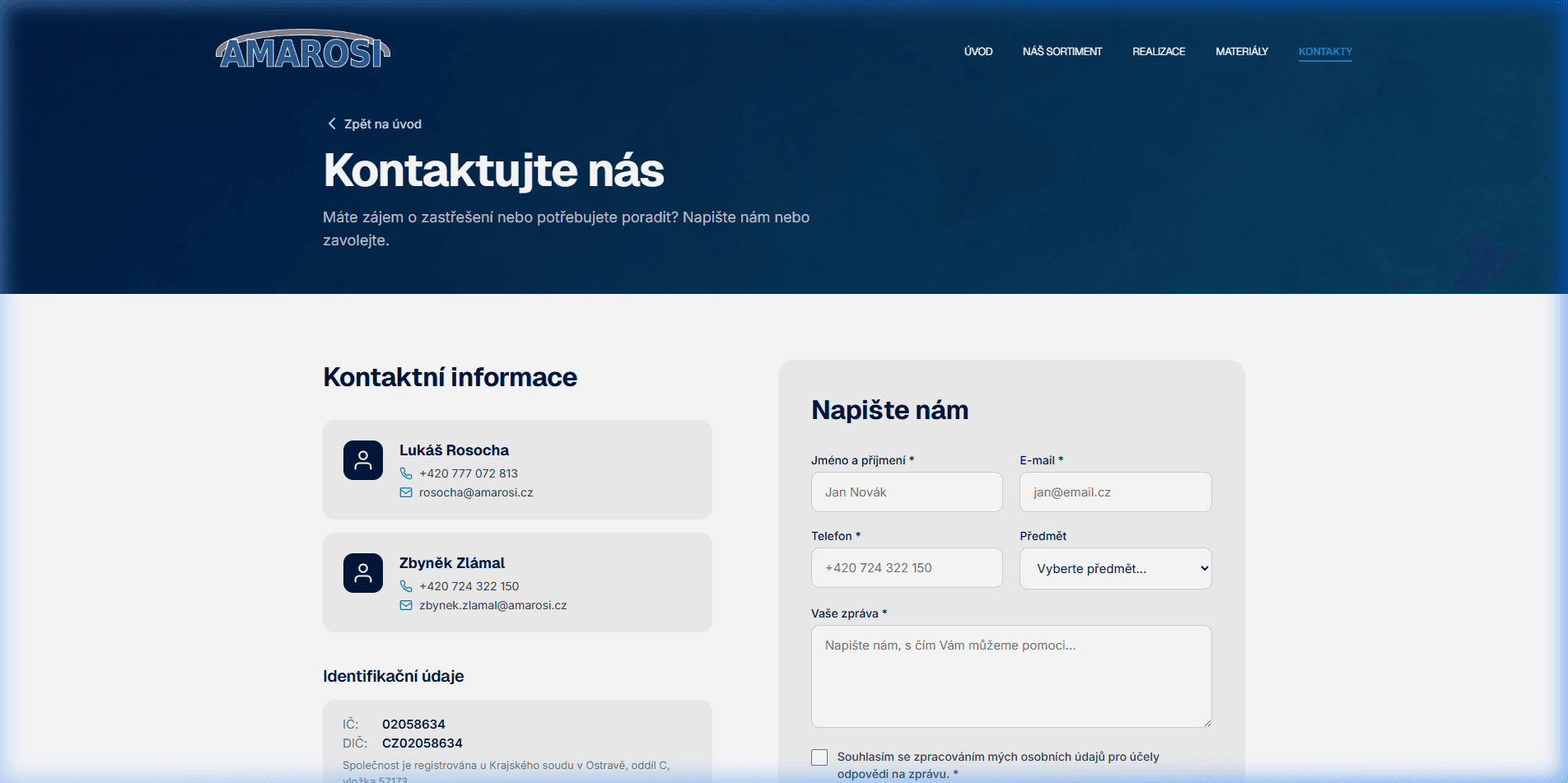 Nový web — profesionální dvousloupcový layout s formulářem