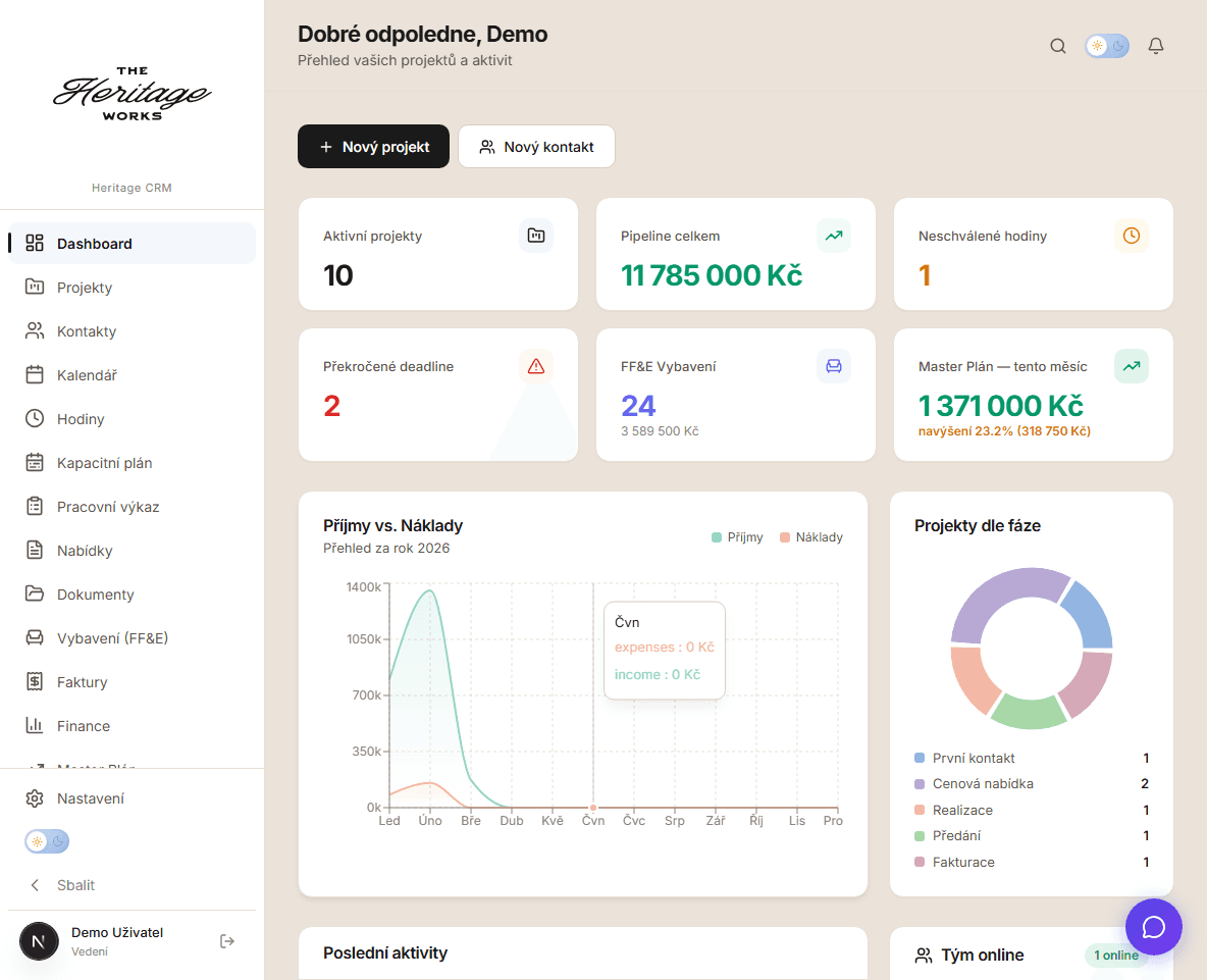 Heritage CRM — živá ukázka CRM systému